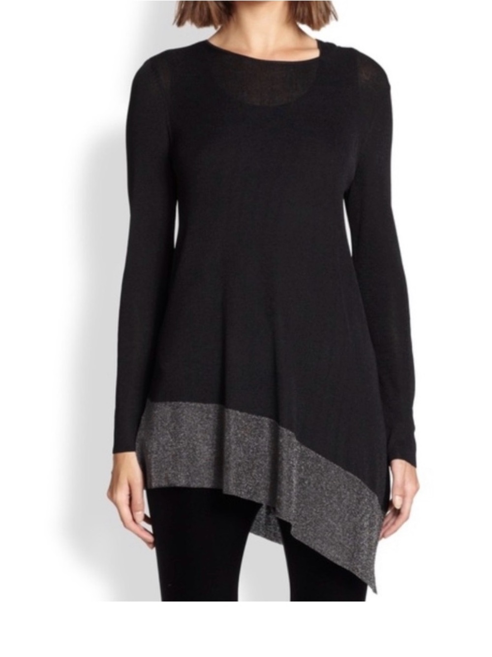 Eileen Fisher Pus Size 3X Black Round Neck Metallic Asymmetrical Tunic Top NEW!